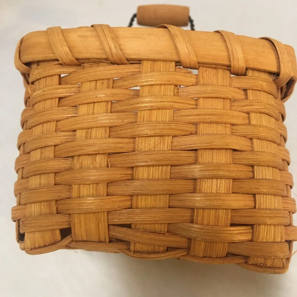 Miniature Woven Splint Basket Small Brown Rustic Wire Handle Decor Storage Boho